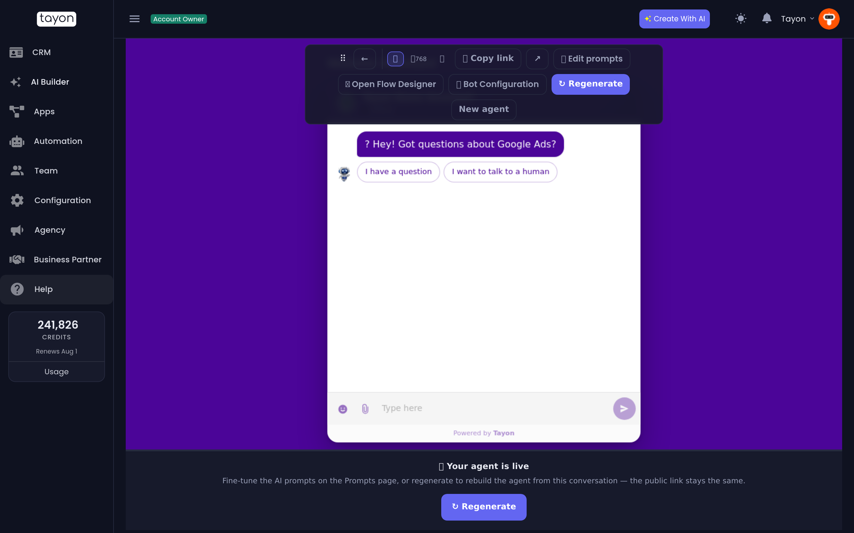 A finished agent, with its live chat page in the preview