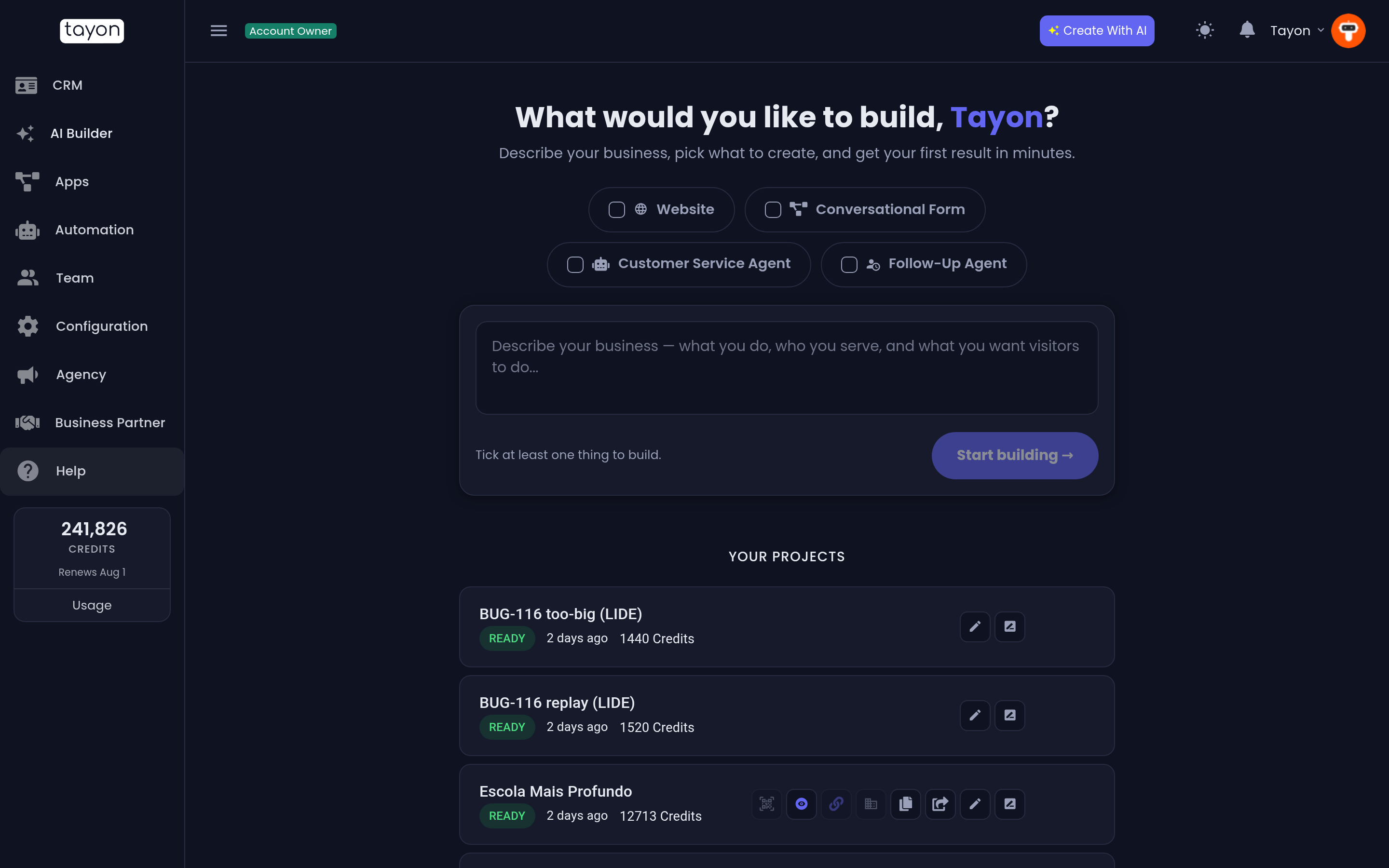 The start screen — tick what you want, describe it once