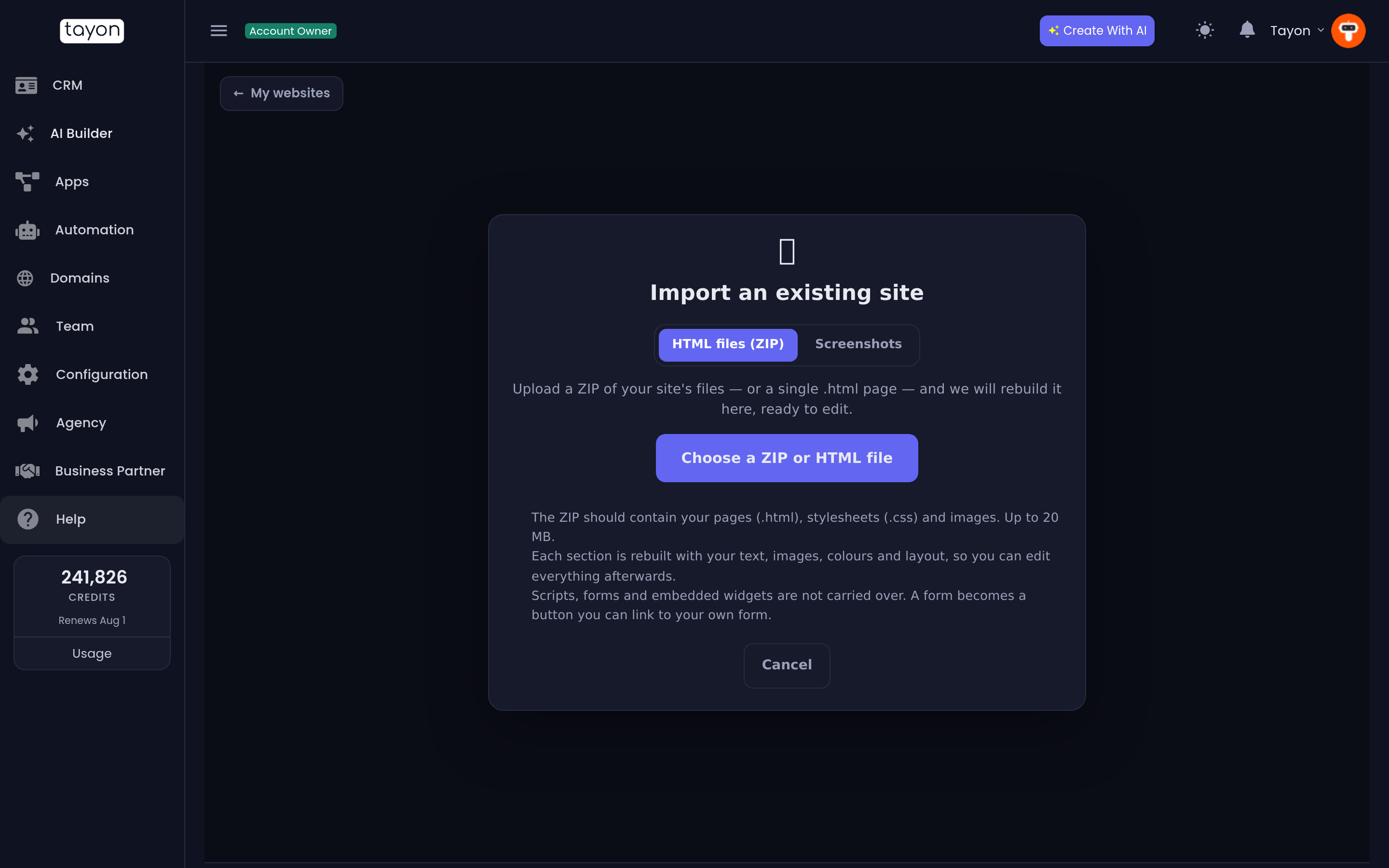Import an existing site, in the website builder
