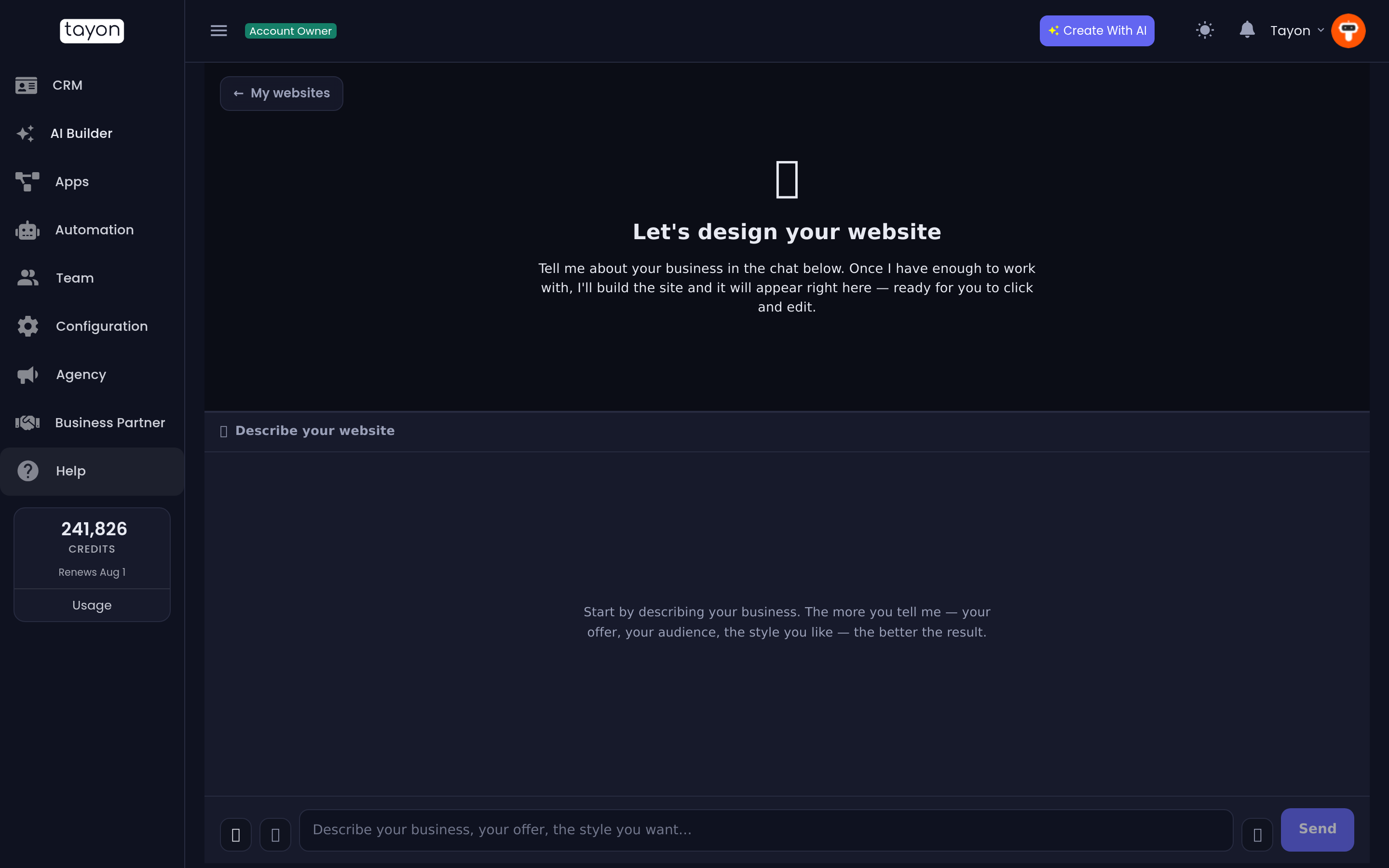 The website build screen before there is enough to generate