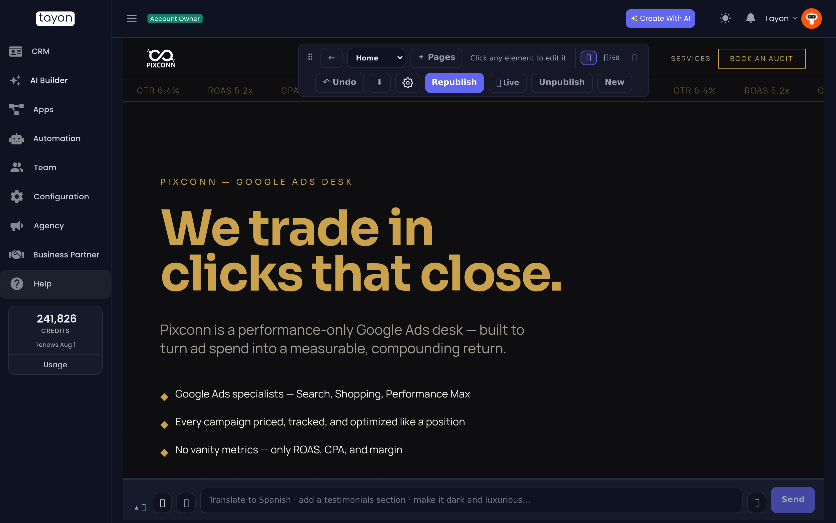 A generated site open in the editor, preview on top and chat below