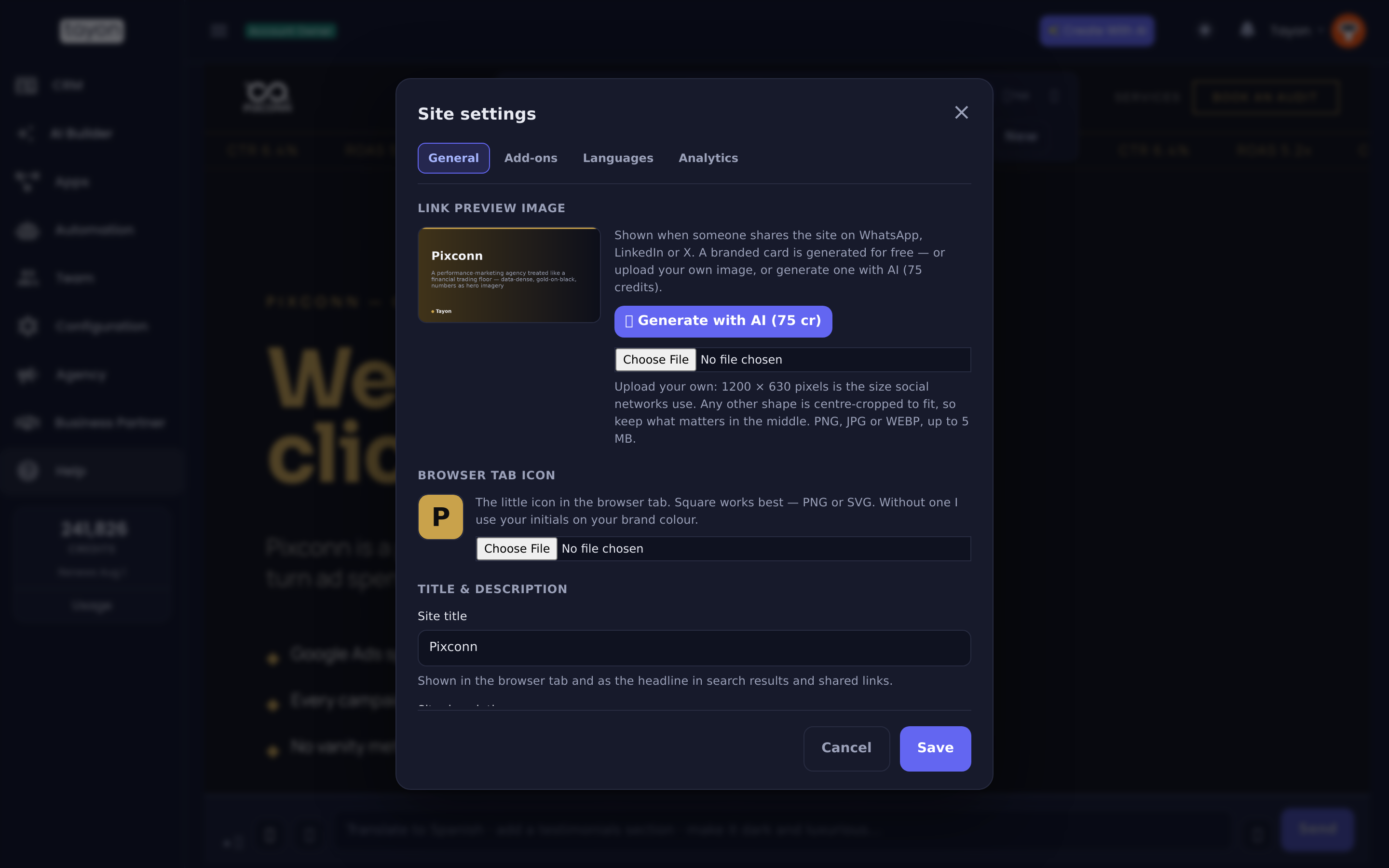 The General tab of Site settings