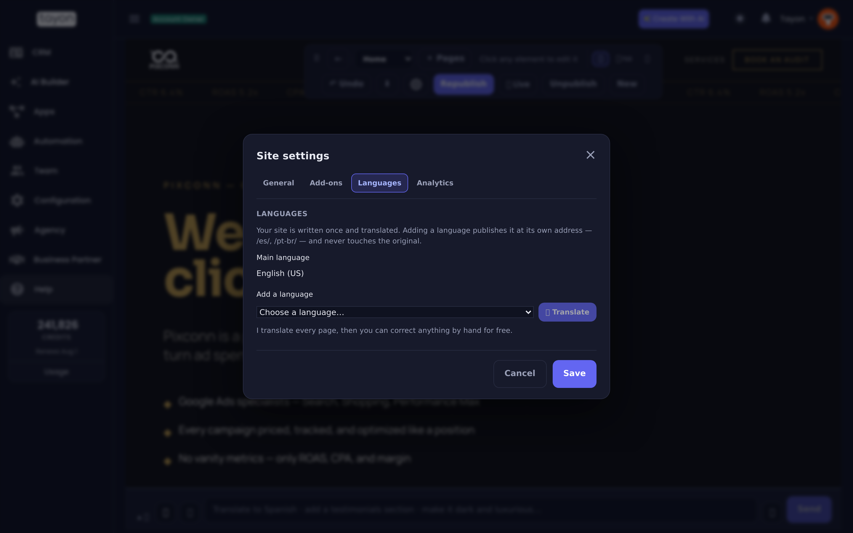The Languages tab of Site settings