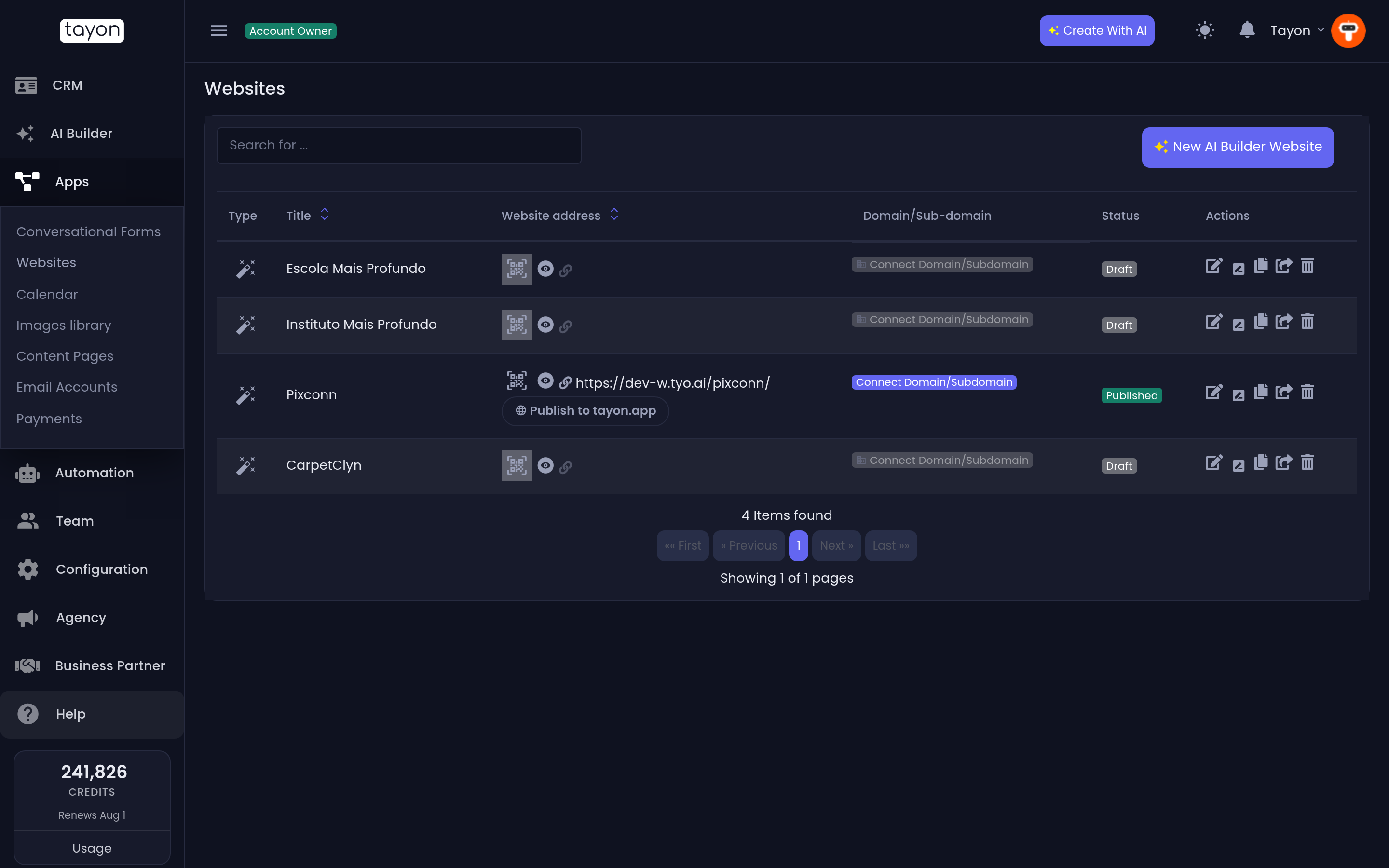 The Websites list, showing published and draft sites side by side