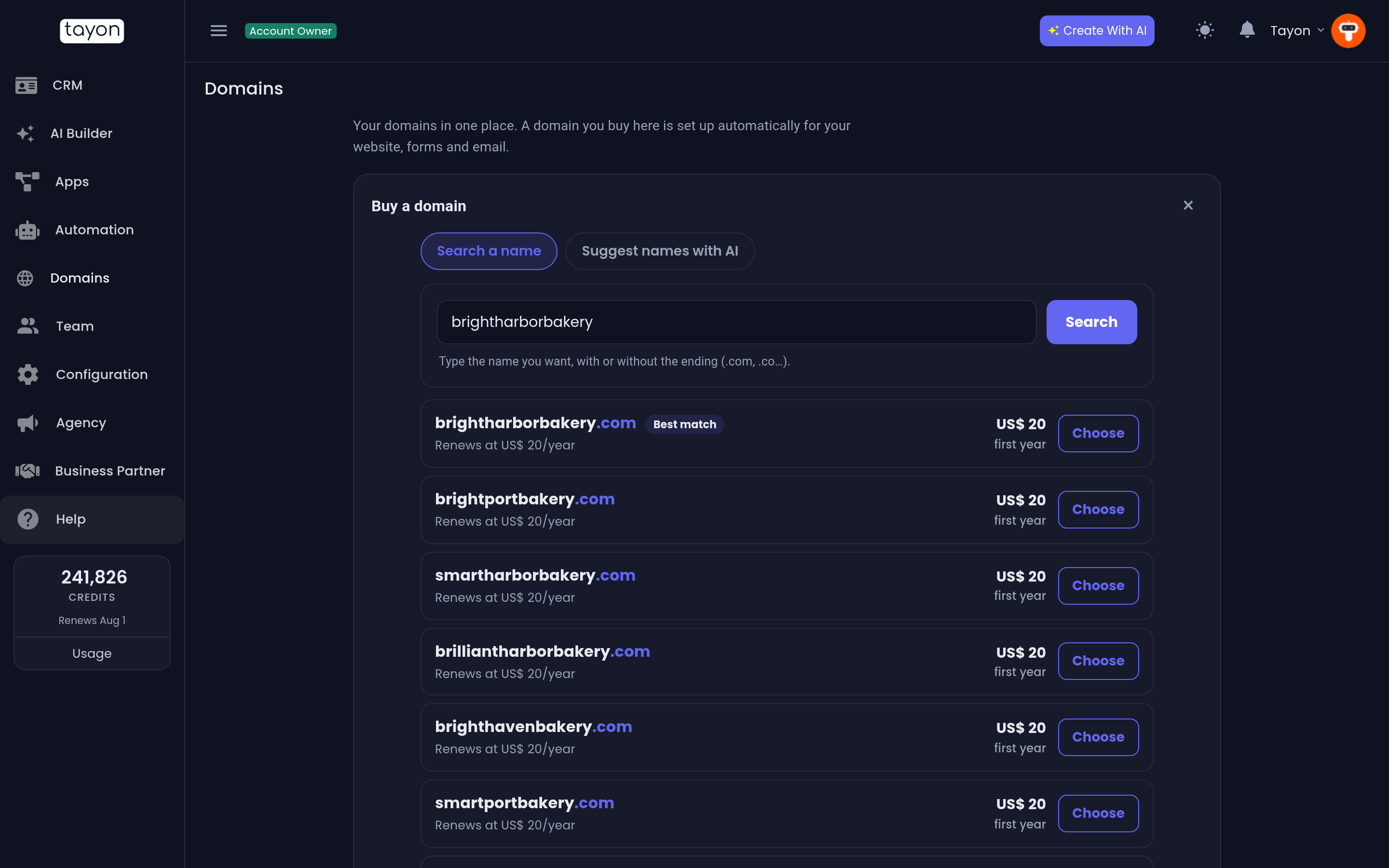 Search results, each with its first-year and renewal price