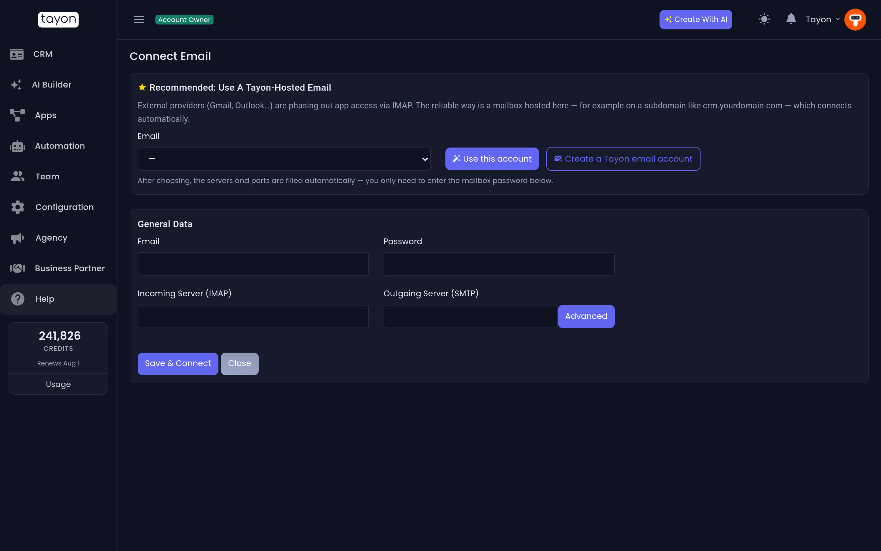The Connect Email screen, with the Tayon-hosted card at the top