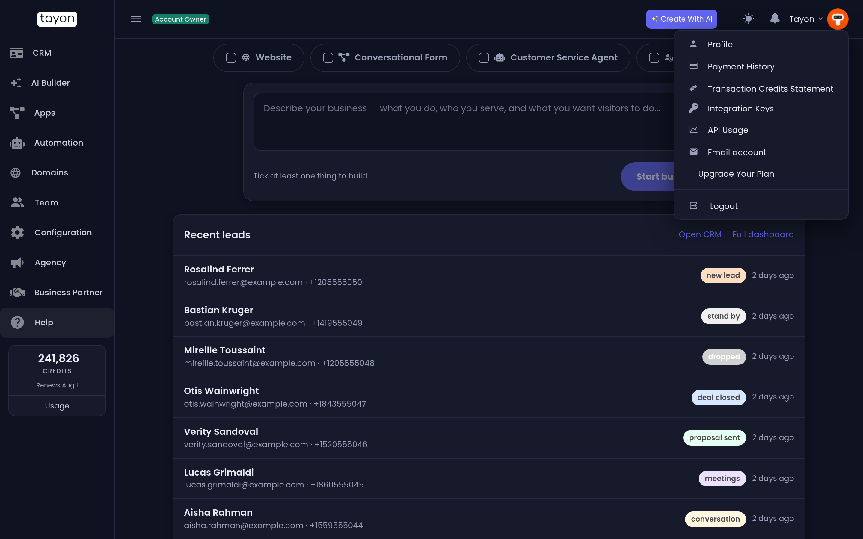 The account menu
