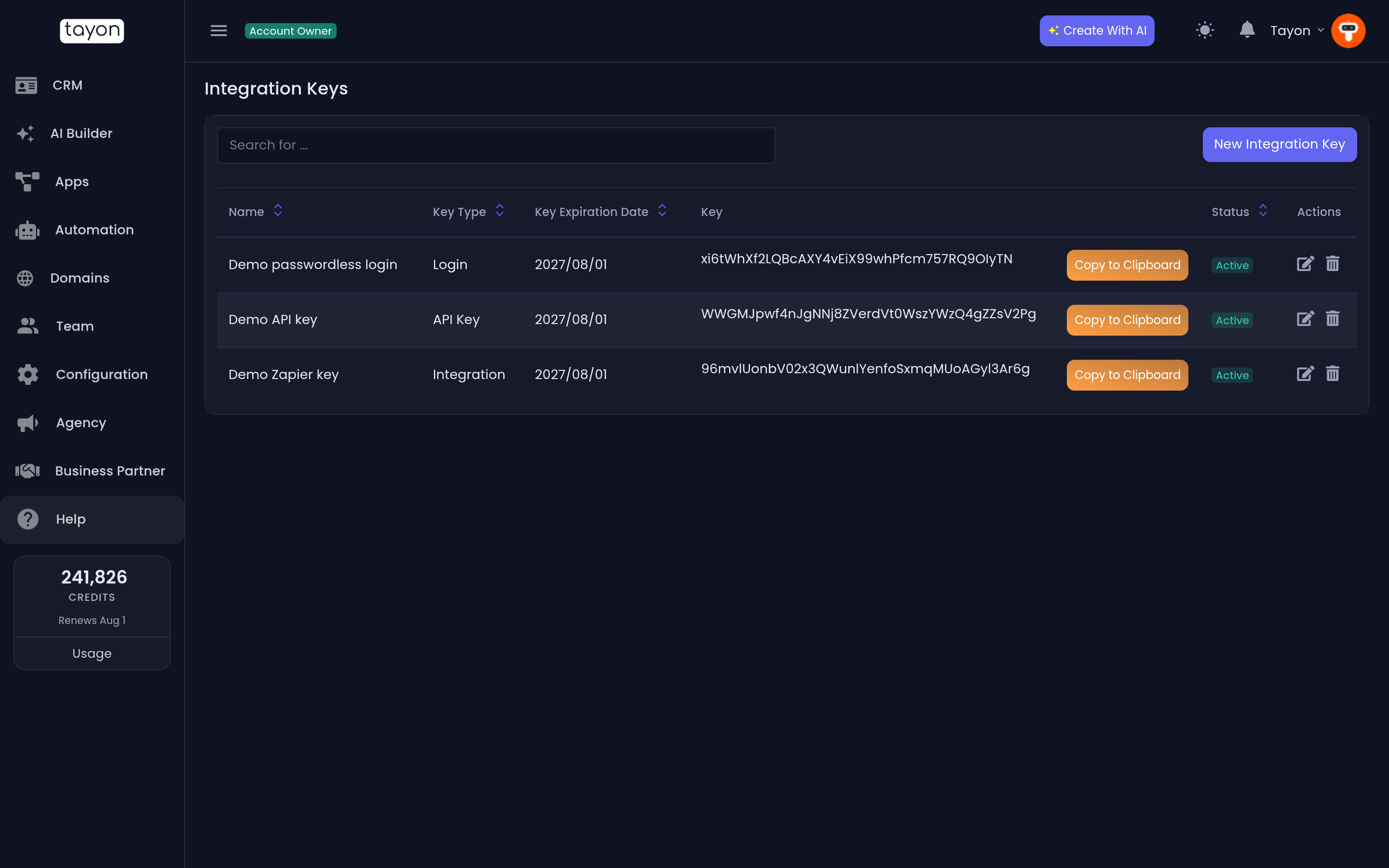 The Integration Keys list