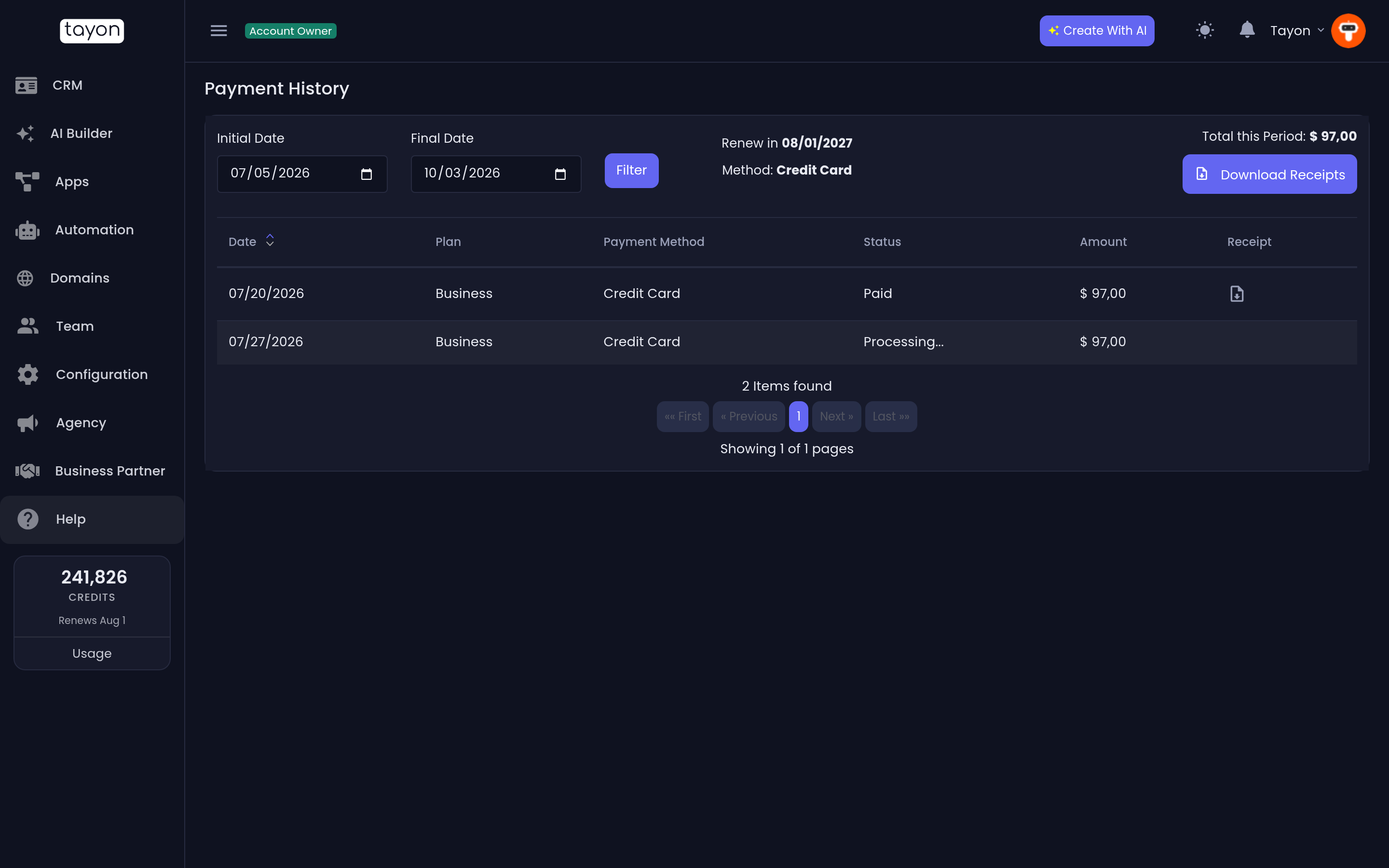 Payment History, with the current plan and every charge