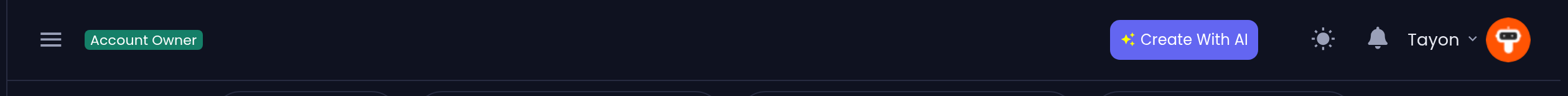 The role badge sits at the left of the top bar; your account menu is on the right