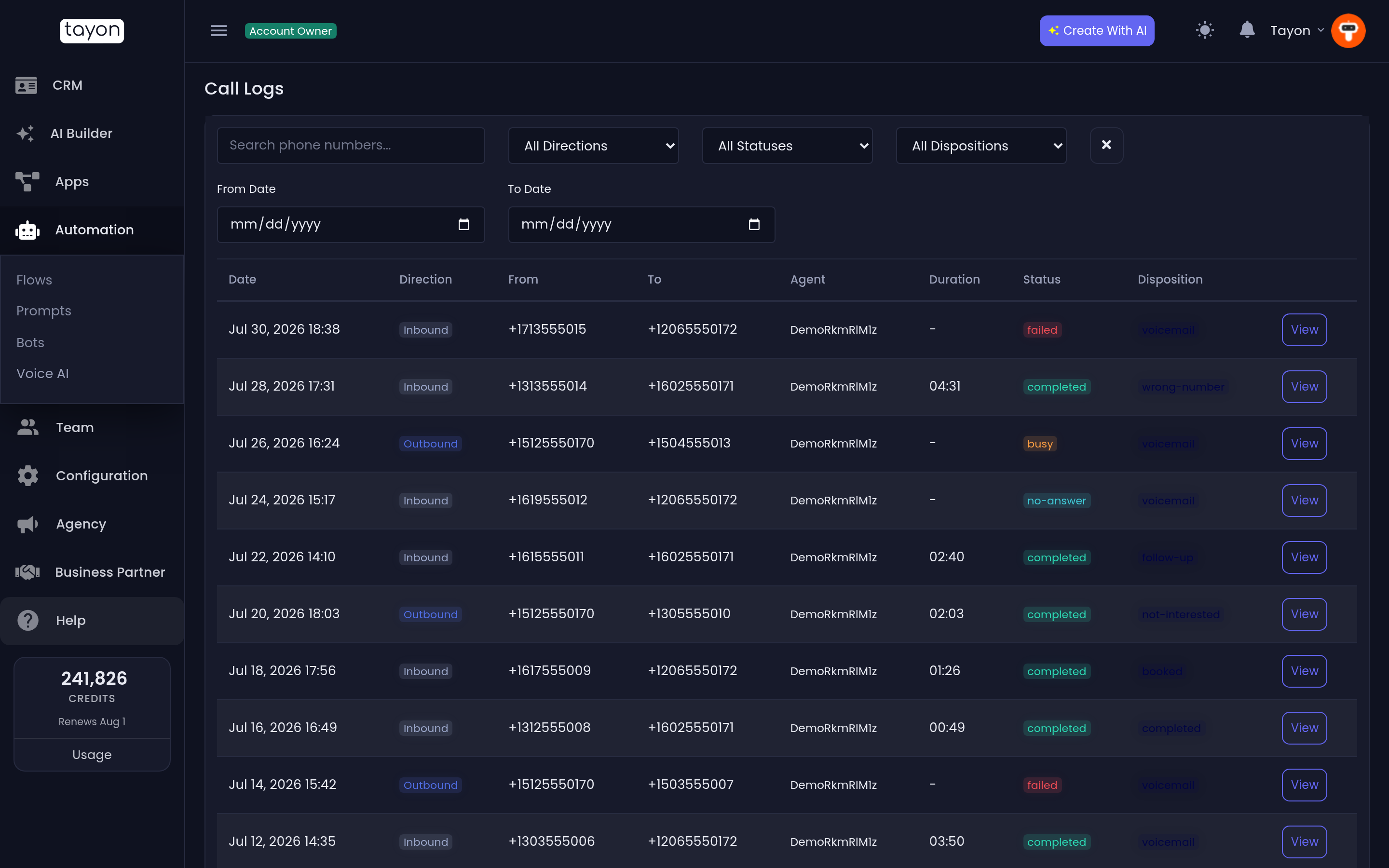 Call Logs, newest call first
